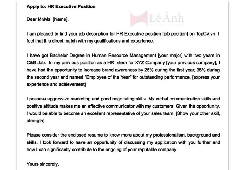 Mẫu Cover letter tiếng anh