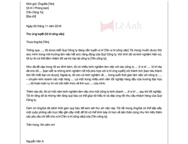 Mẫu Cover letter tiếng việt