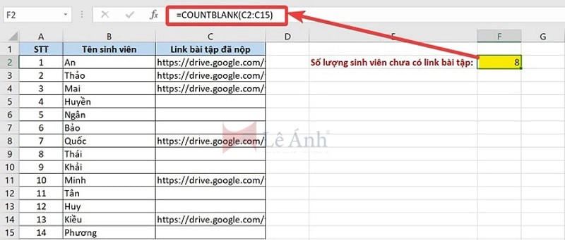 Cách sử dụng hàm countblank trong excel