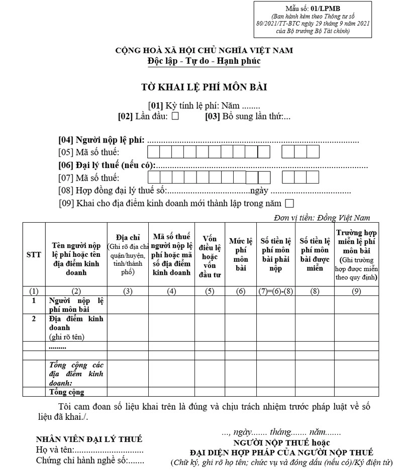 Mẫu tờ khai lệ phí môn bài