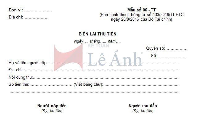 Mẫu Biên lai thu tiền theo thông tư 133/2016/TT-BTC