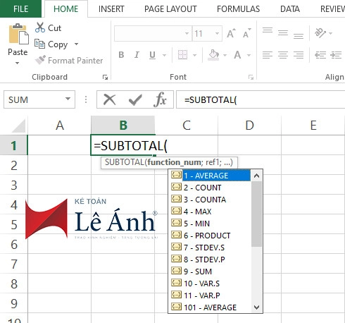 Cấu trúc hàm subtotal trong excel