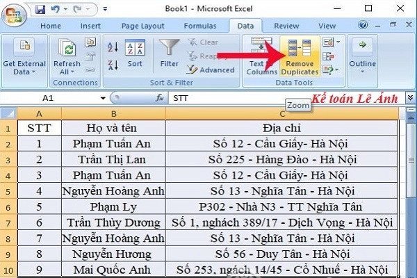 Cách xóa dữ liệu trùng trong Excel