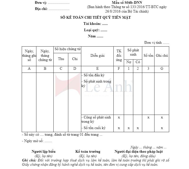 Mẫu sổ quỹ tiền mặt theo Thông tư 133