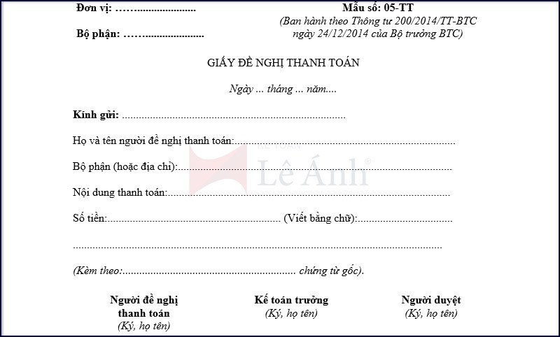 Mẫu giấy đề nghị thanh toán Mẫu số 05-TT