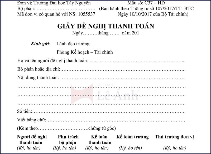 Mẫu giấy đề nghị thanh toán theo Thông tư 107