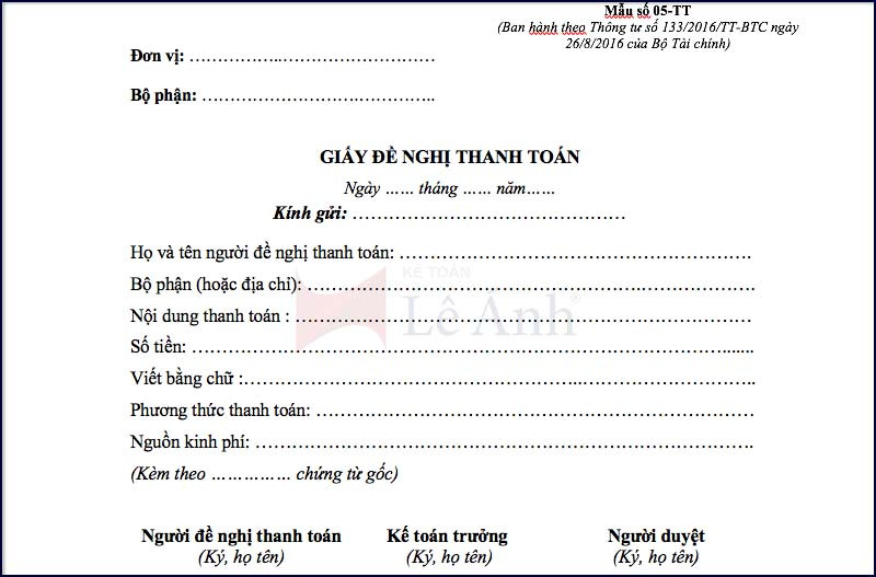 Mẫu giấy đề nghị thanh toán theo thông tư 133