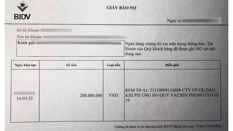 Mẫu giấy báo nợ ngân hàng BIDV