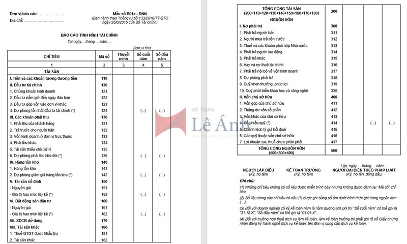 Mẫu báo cáo tình hình tài chính - Mẫu B01a-DNN