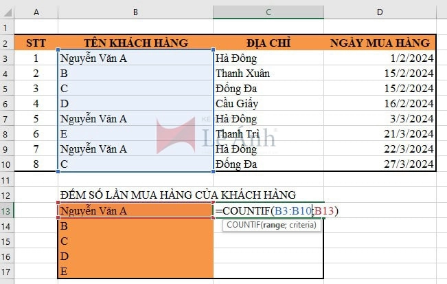 Cách dùng hàm Countif đếm số lần mua hàng của khách hàng