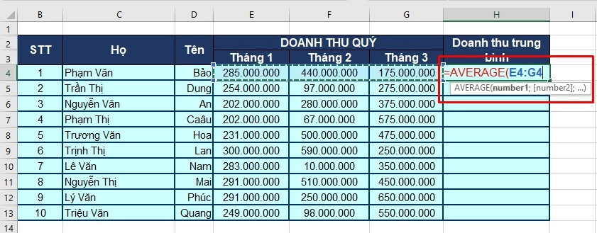 Cách dùng hàm AVERAGE trong Excel