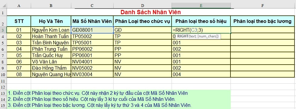 Cách sử dụng hàm RIGHT trong Excel