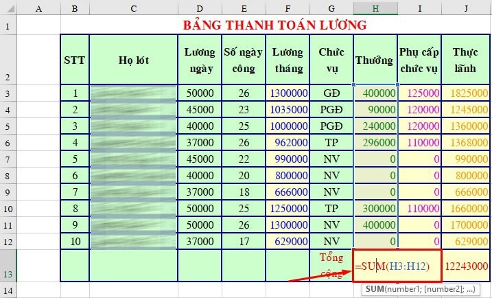 Cách sử dụng hàm SUM trong Excel