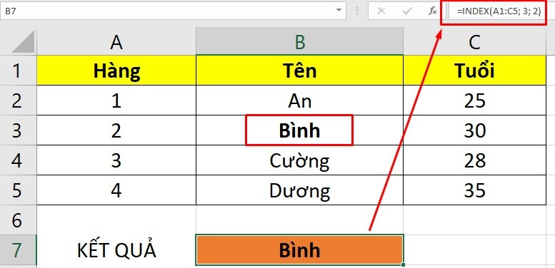 Cách dùng hàm INDEX trong Excel