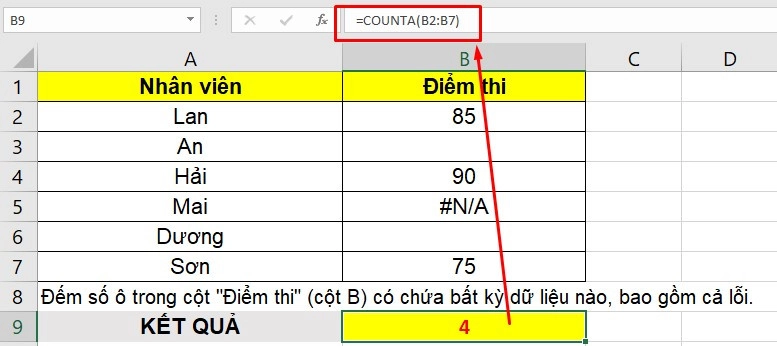 Cách dùng hàm COUNTA trong Excel