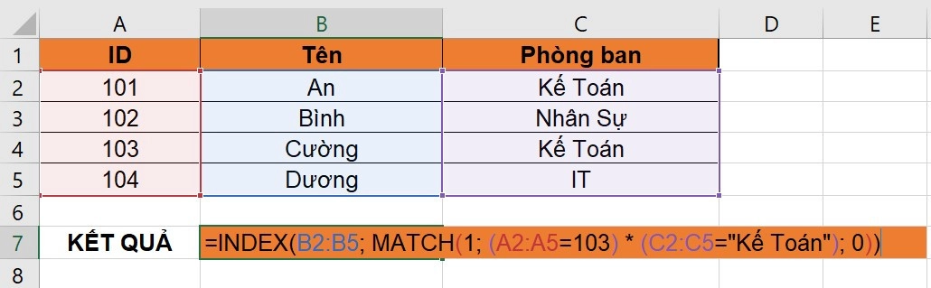 hàm index match nhiều điều kiện