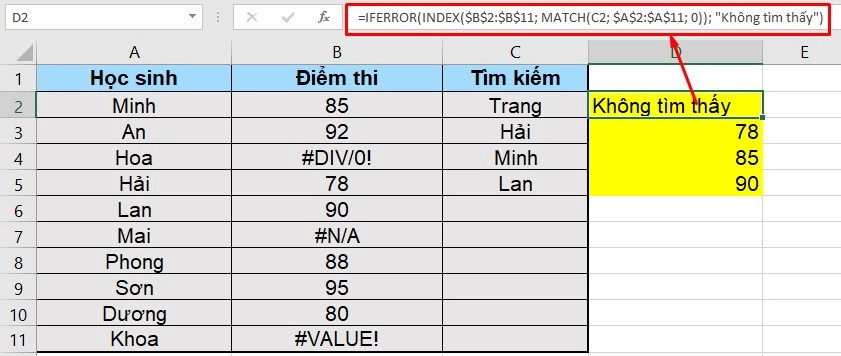 Hàm IFERROR kết hợp hàm INDEX và Match