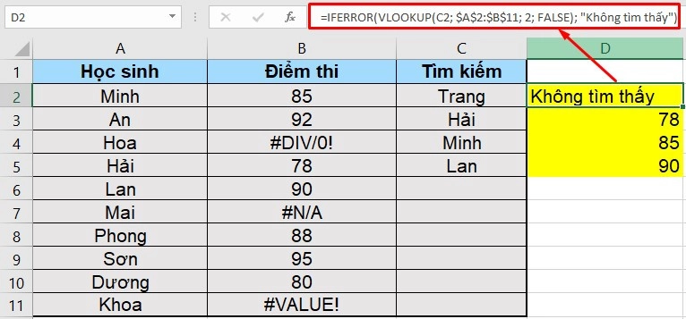 Hàm IFERROR kết hợp hàm vlookup