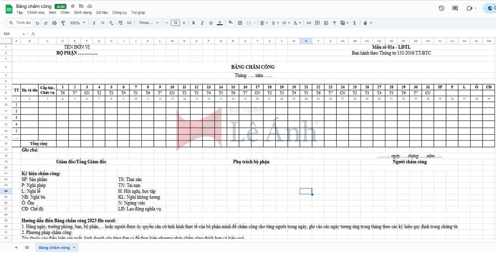 Mẫu bảng chấm công theo Thông tư 133