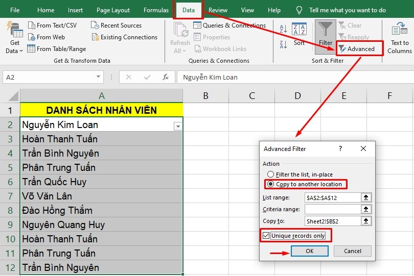 Cách xóa dữ liệu trùng lặp trong Excel - Cách 5