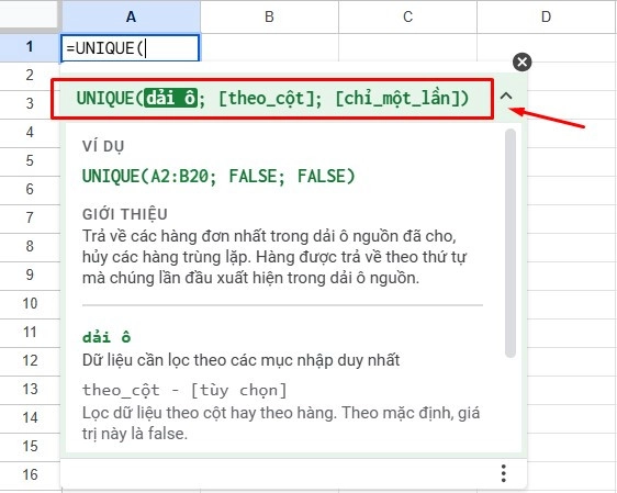 Hàm UNIQUE trong Excel, Google sheet