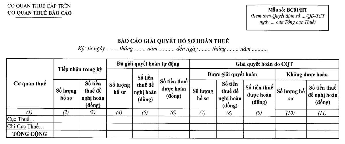 Mẫu BC01/H: Báo cáo giải quyết hồ sơ hoàn thuế