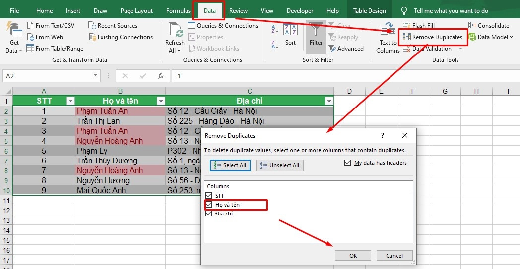 Cách xóa dữ liệu trùng lặp trong Excel