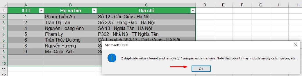 Xóa dữ liệu trùng lặp trong Excel