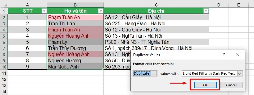 Xóa dữ liệu trùng lặp trong Excel