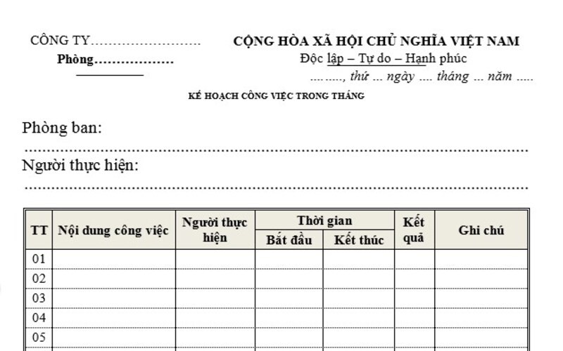 kế hoạc công việc theo tháng