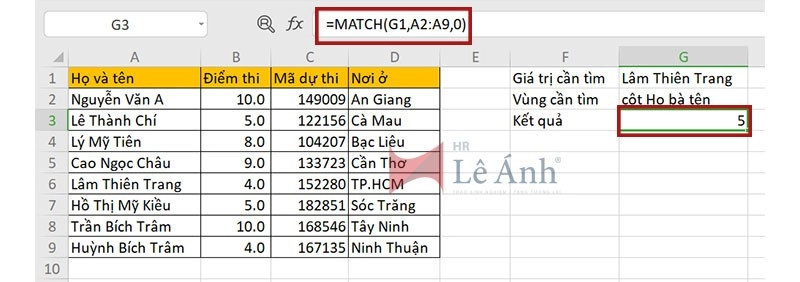 Cách sử dụng hàm Match trong Excel