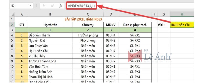 Hàm INDEX trong Excel