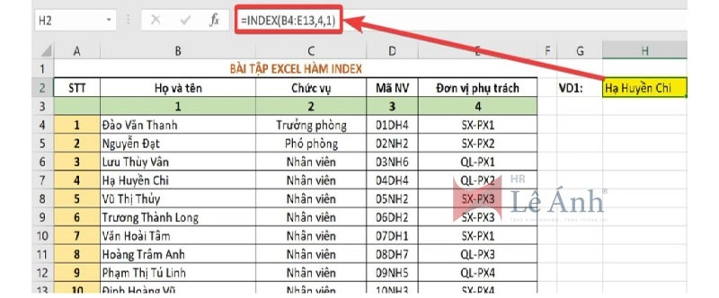 Hàm INDEX trong Excel