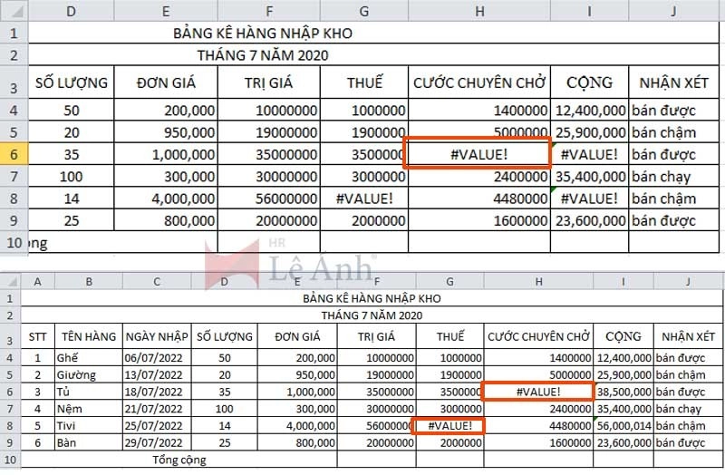 Khắc phục lỗi Value trong Excel