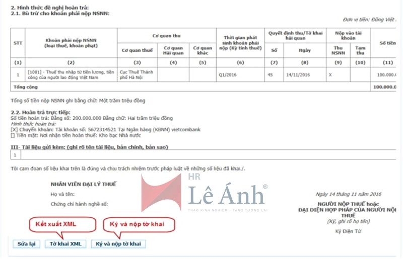 Chọn ” Tờ khai XML để kết xuất giấy đề nghị hoàn ra định dạng xml