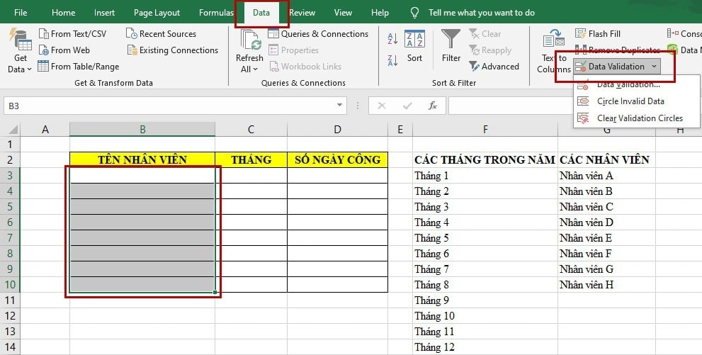 Tạo danh sách thả xuống trong Excel