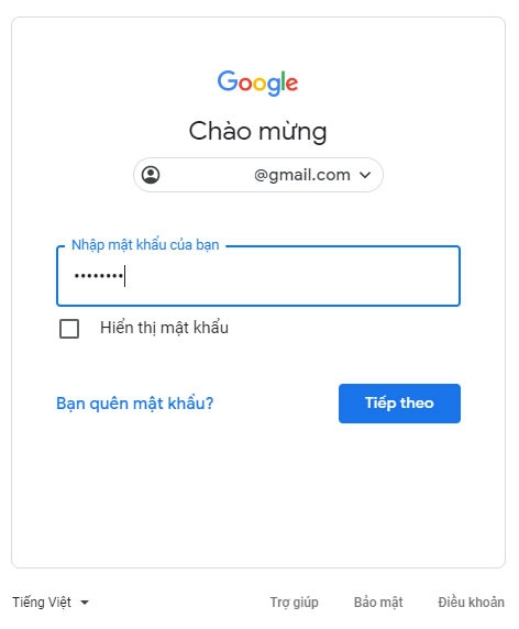 Nhập mật khẩu tài khoản google