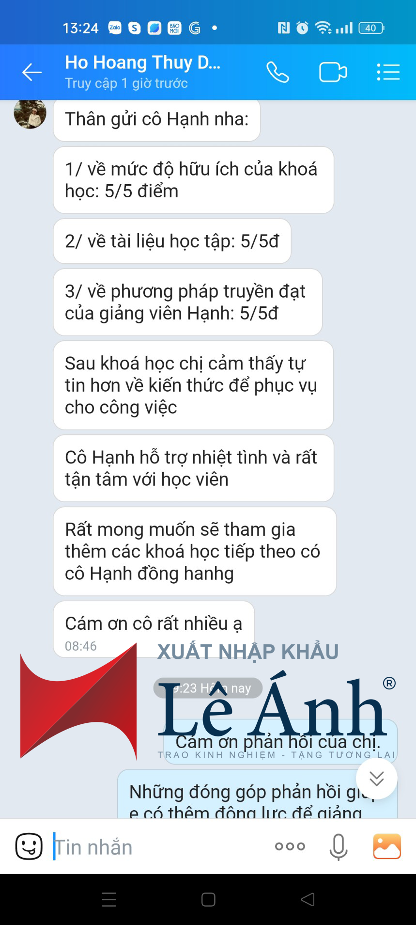 phản hồi khóa học xuất nhập khẩu