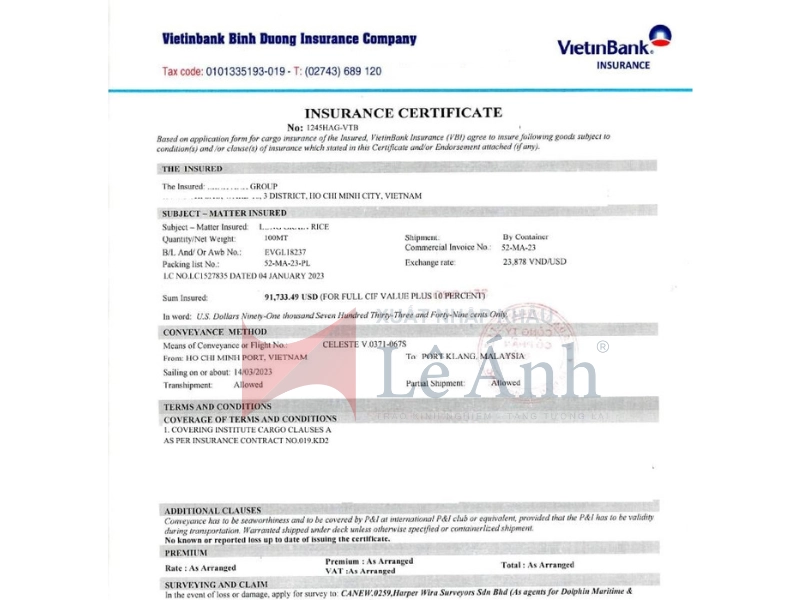 Giấy Chứng nhận bảo hiểm Insurance Certificate
